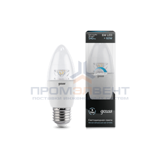 Лампа Gauss LED Candle-dim Crystal Clear E27 6W 4100К диммируемая 1/10/50